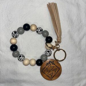 Keychain beaded with tassle MAMA wooden medallian zebra print